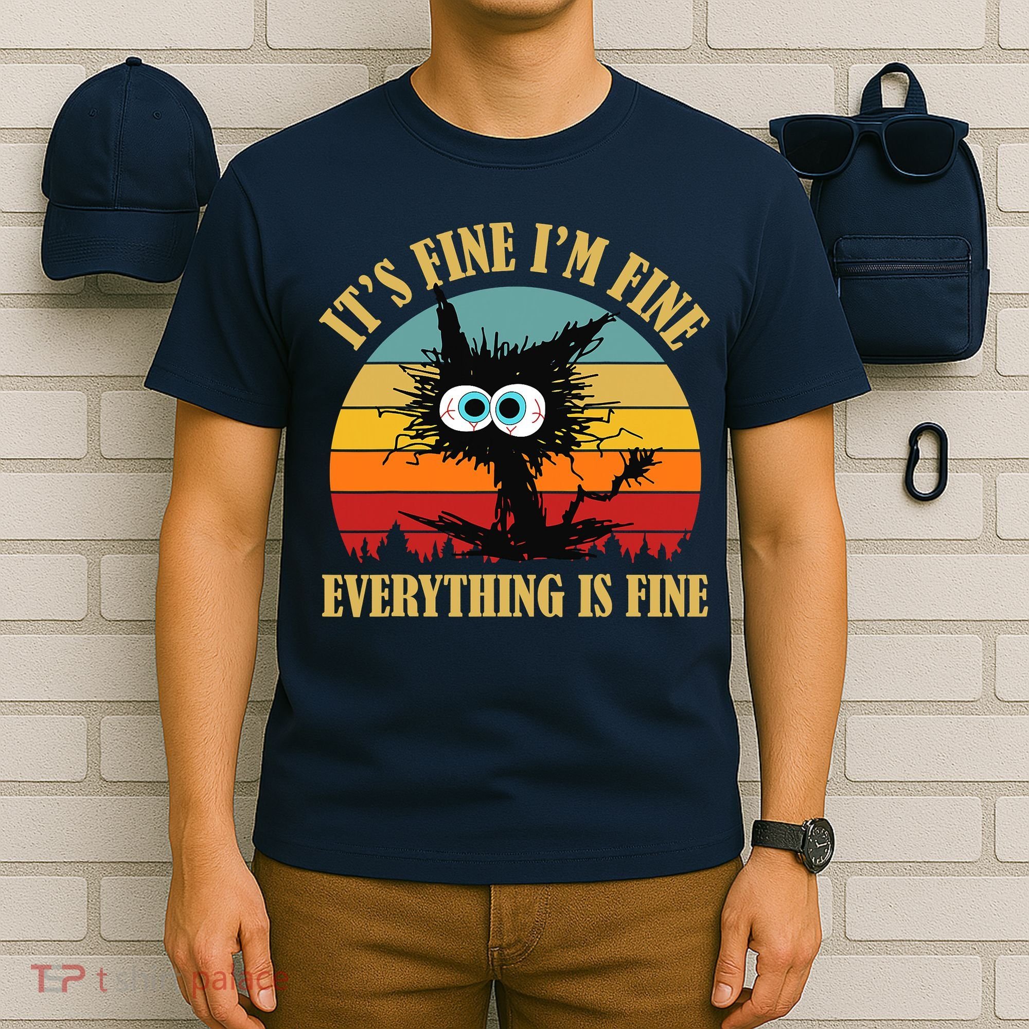 It's Fine I'm Fine Everything Is Fine Funny Black Cat Retro Vintage T-Shirt