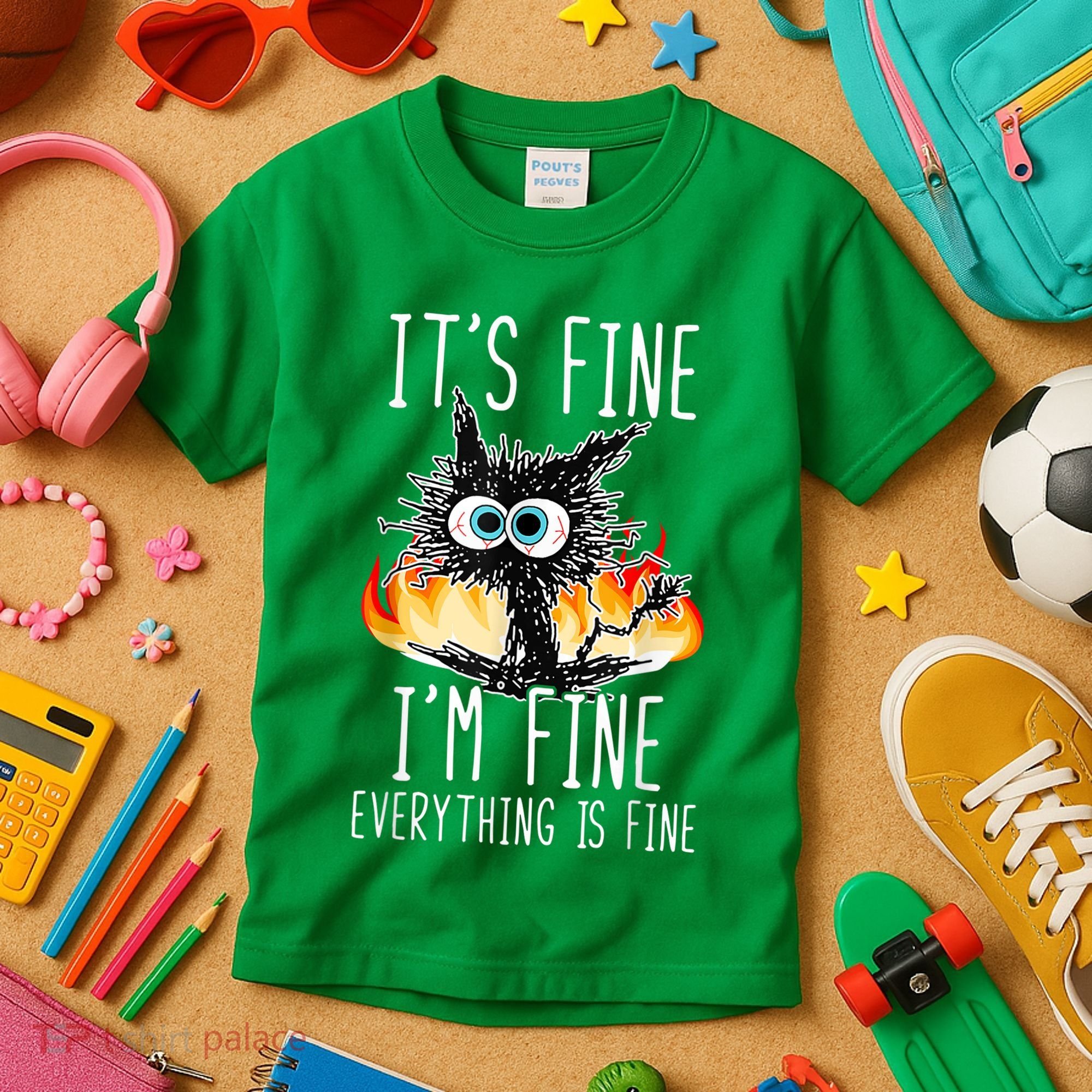 It's Fine I'm Fine Everything Is Fine Funny Cat Kids T-Shirt