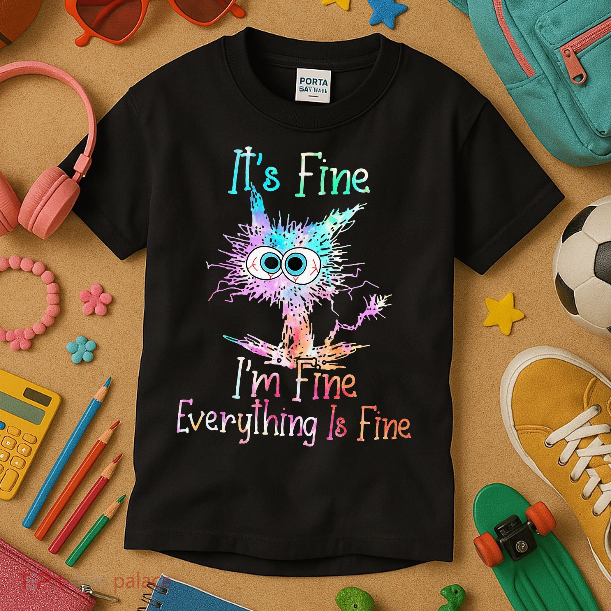 Its Fine Im Fine Everything Is Fine Tie Dye Cat Kids T-Shirt