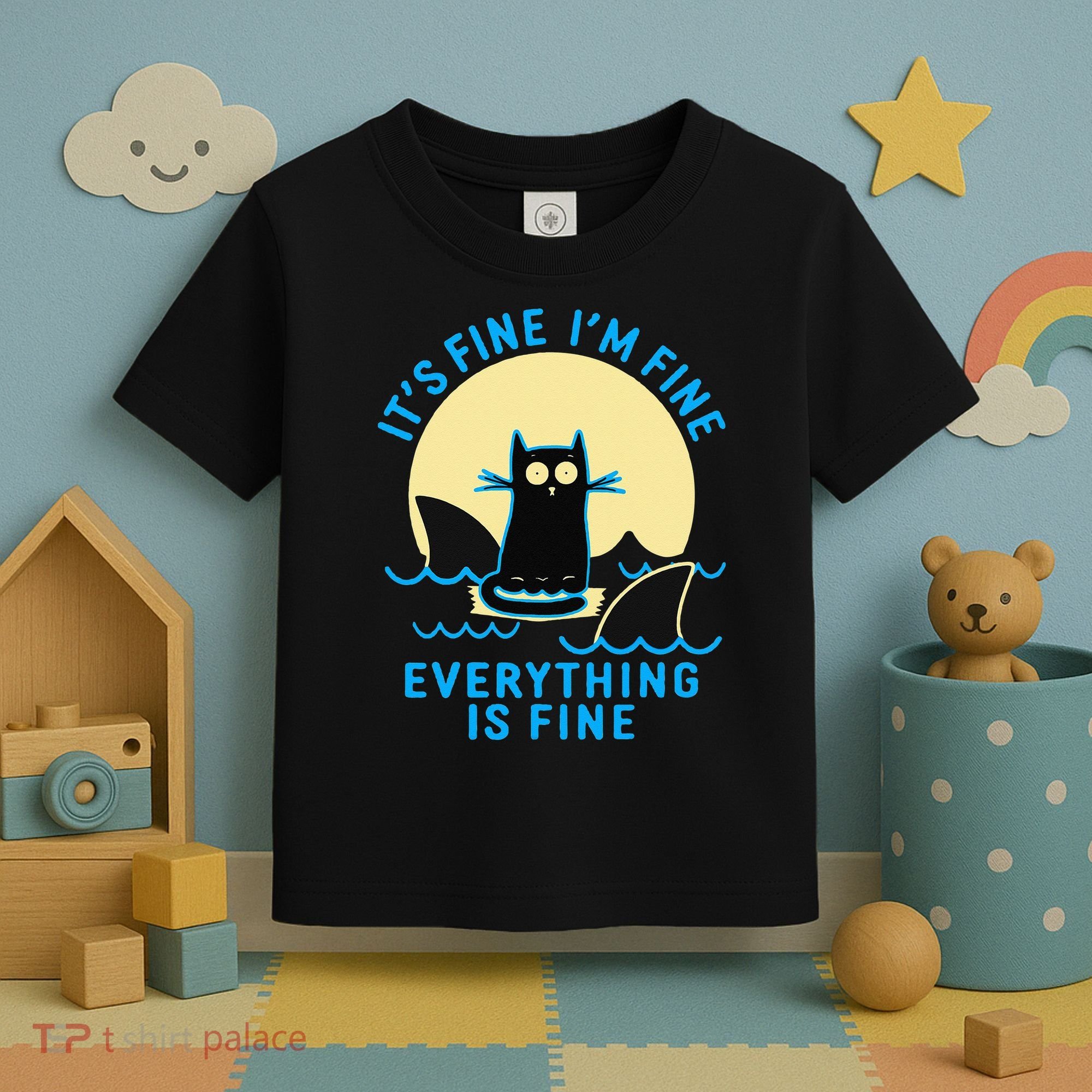 Its Fine Im Fine Everything Is Fine Funny Black Cat Shark Toddler T-Shirt