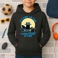 Its Fine Im Fine Everything Is Fine Funny Black Cat Shark Kids Hoodie thumb 2