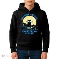Its Fine Im Fine Everything Is Fine Funny Black Cat Shark Kids Hoodie thumb 4