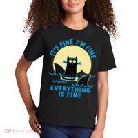Its Fine Im Fine Everything Is Fine Funny Black Cat Shark Kids T-Shirt thumb 2