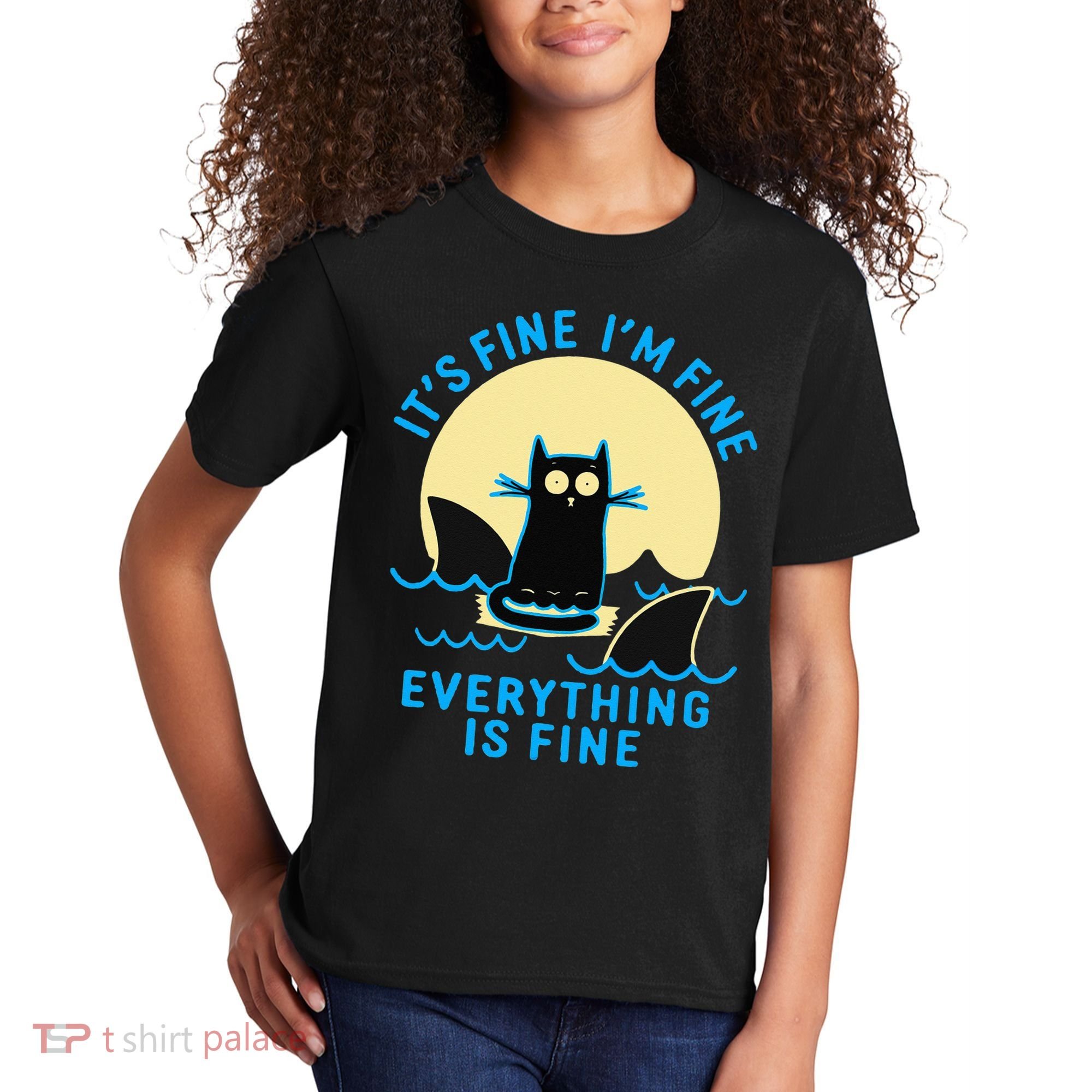 Its Fine Im Fine Everything Is Fine Funny Black Cat Shark Kids T-Shirt