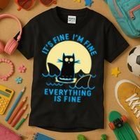 Its Fine Im Fine Everything Is Fine Funny Black Cat Shark Kids T-Shirt thumb 3
