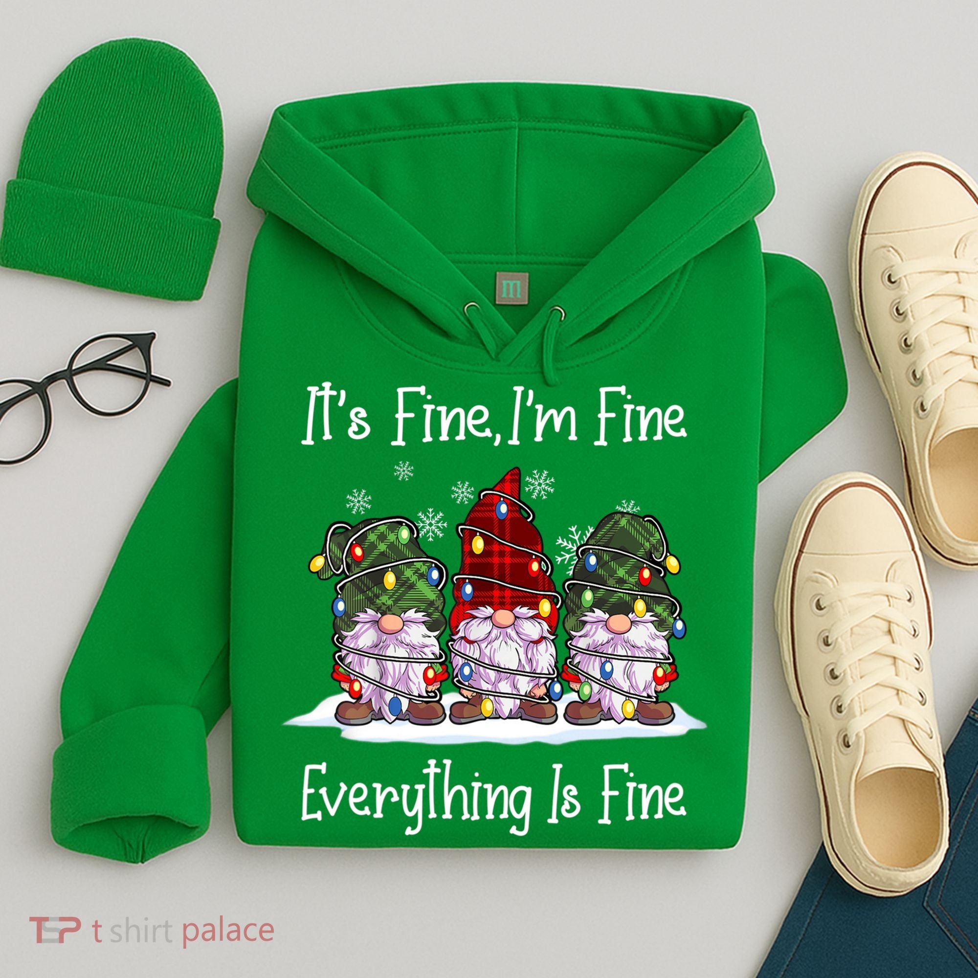 Its Fine I'm Fine Everything Is Fine Gnome Christmas Lights Long Sleeve Hoodie
