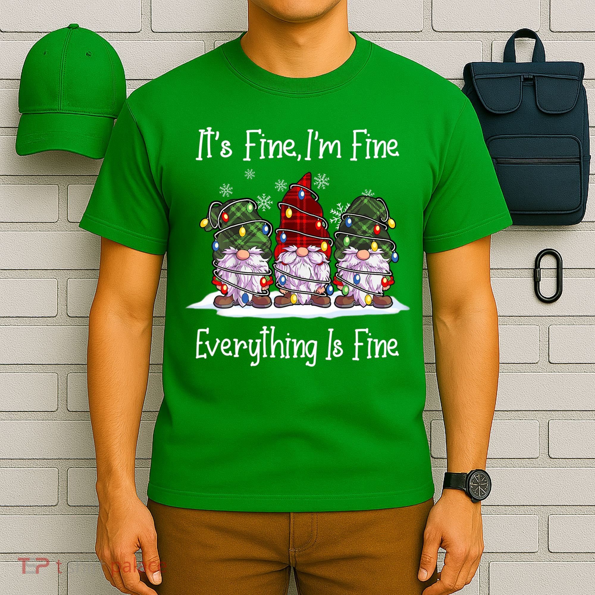 Its Fine I'm Fine Everything Is Fine Gnome Christmas Lights Long Sleeve T-Shirt