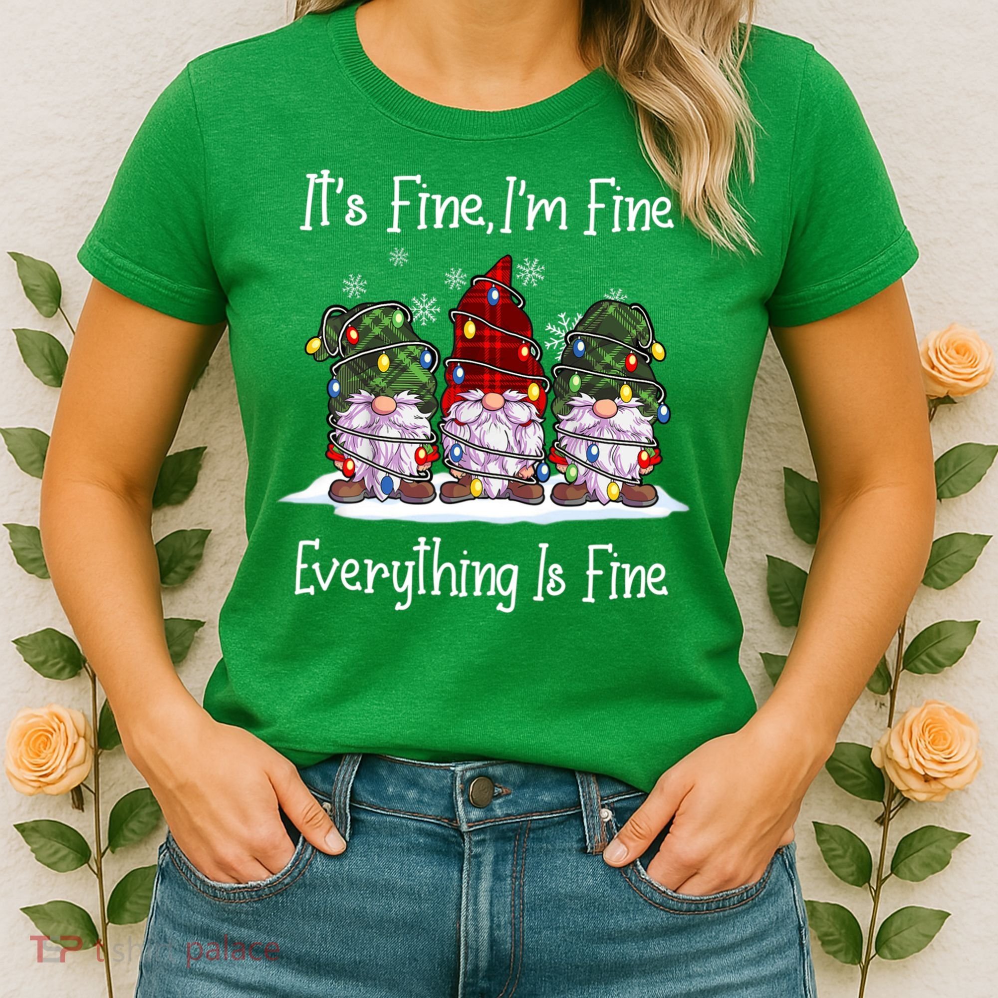 Its Fine I'm Fine Everything Is Fine Gnome Christmas Lights Long Sleeve Women's T-Shirt