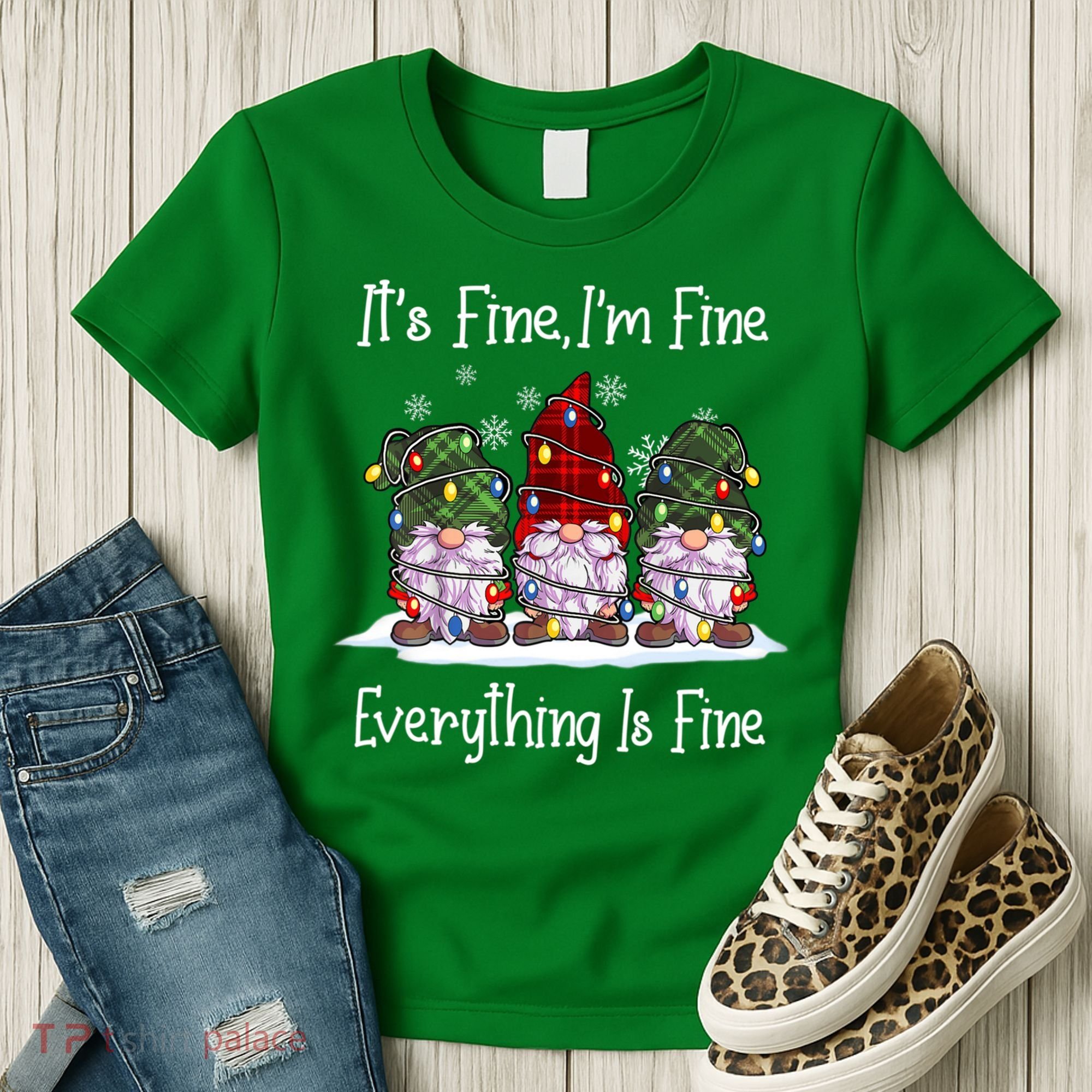 Its Fine I'm Fine Everything Is Fine Gnome Christmas Lights Long Sleeve Women's T-Shirt