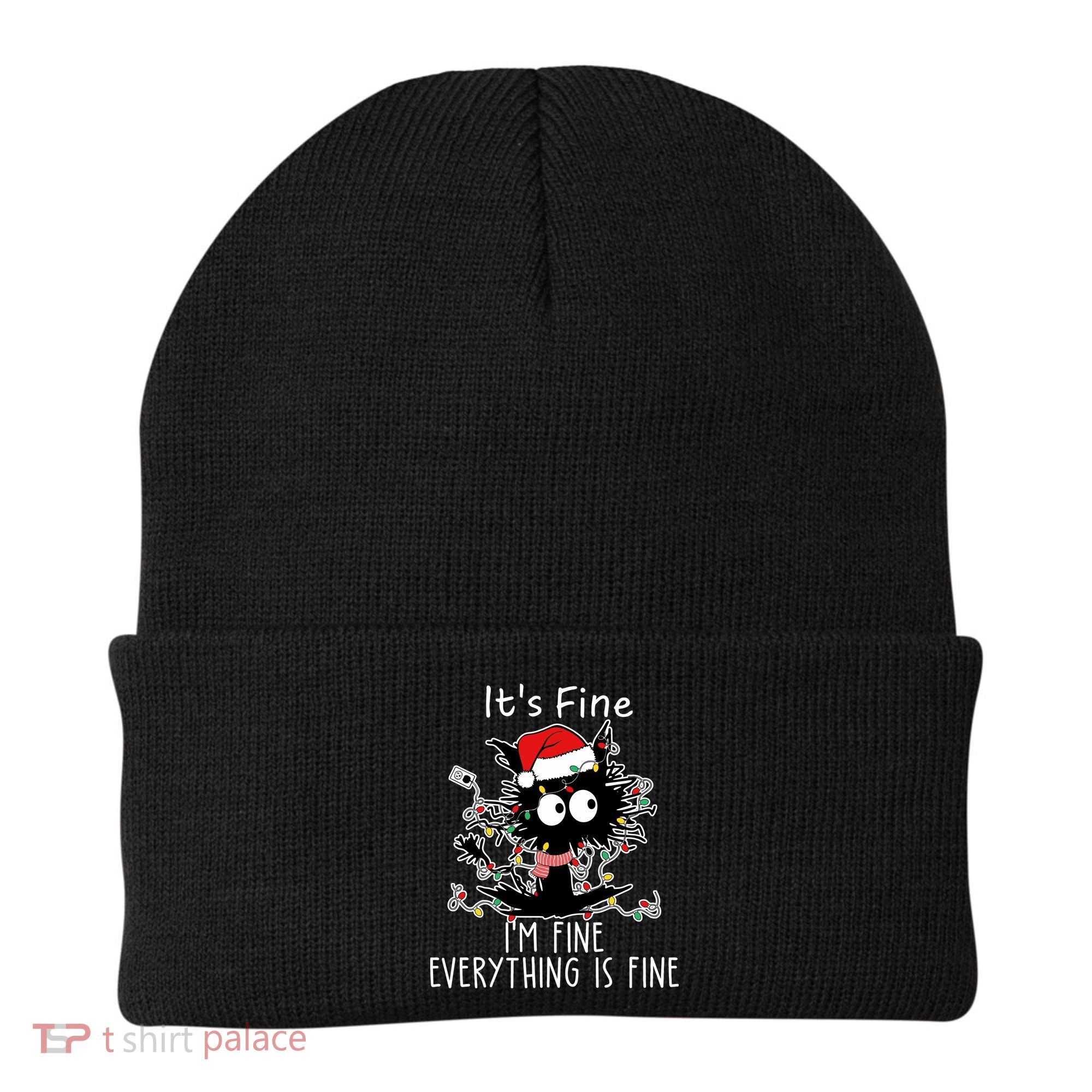 Its Fine Im Fine Everything Is Fine Cat Tangled In Christmas Lights Beanie