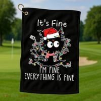 Its Fine Im Fine Everything Is Fine Cat Tangled In Christmas Lights Golf Towel thumb 1