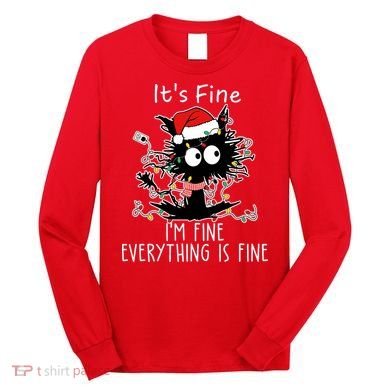 Its Fine Im Fine Everything Is Fine Cat Tangled In Christmas Lights Long Sleeve Shirt