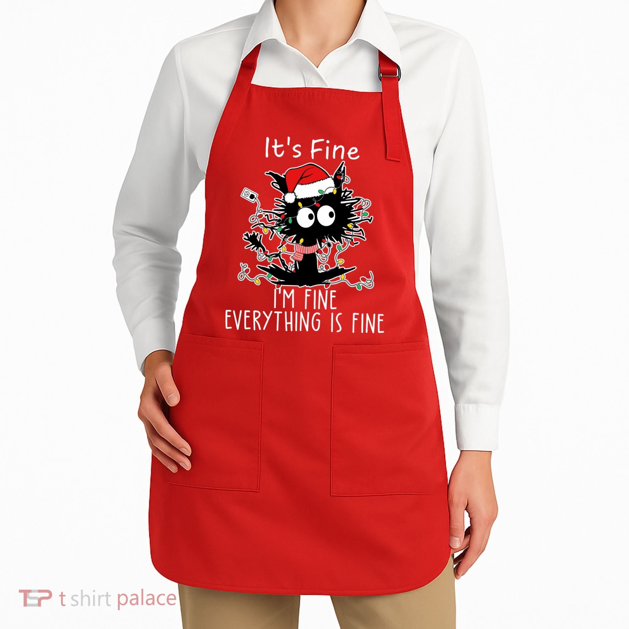 Its Fine Im Fine Everything Is Fine Cat Tangled In Christmas Lights Apron