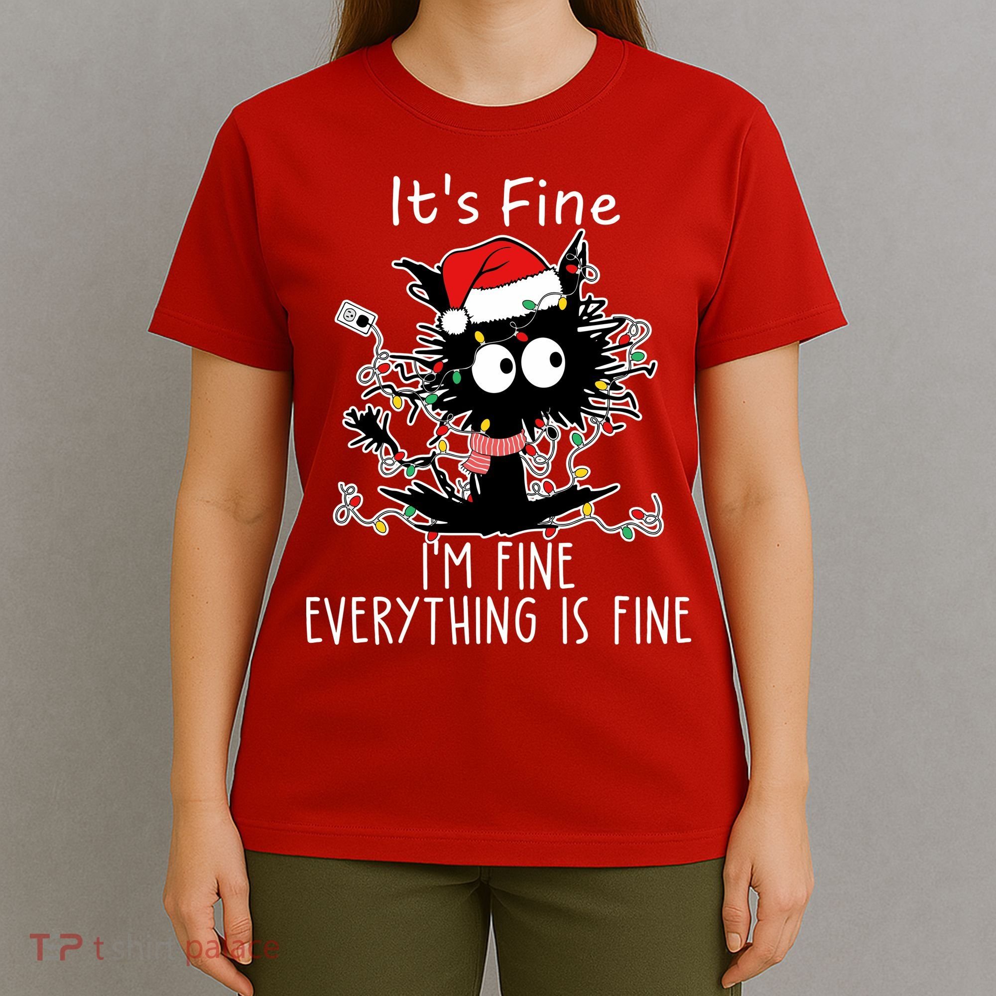 Its Fine Im Fine Everything Is Fine Cat Tangled In Christmas Lights T-Shirt
