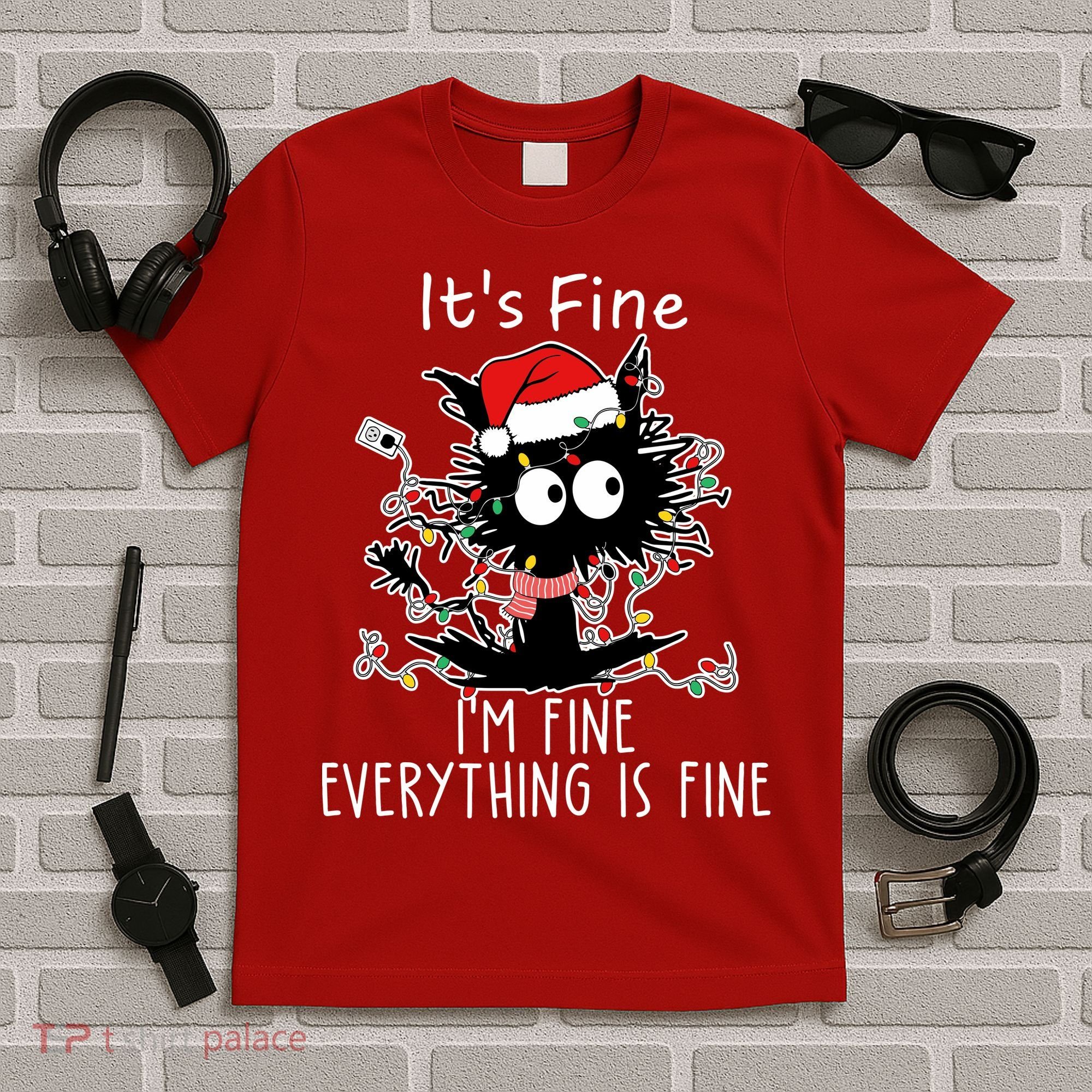 Its Fine Im Fine Everything Is Fine Cat Tangled In Christmas Lights T-Shirt