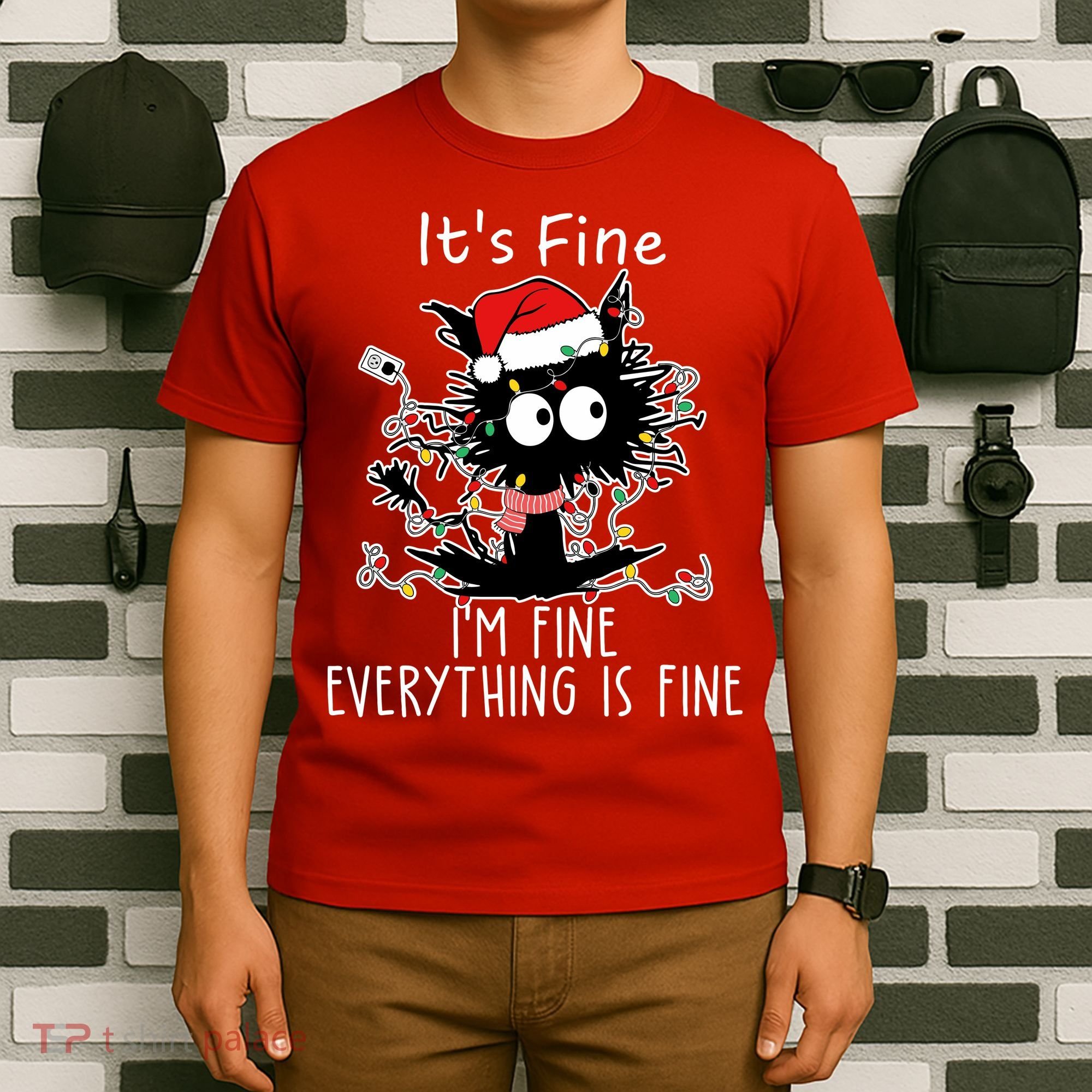 Its Fine Im Fine Everything Is Fine Cat Tangled In Christmas Lights T-Shirt