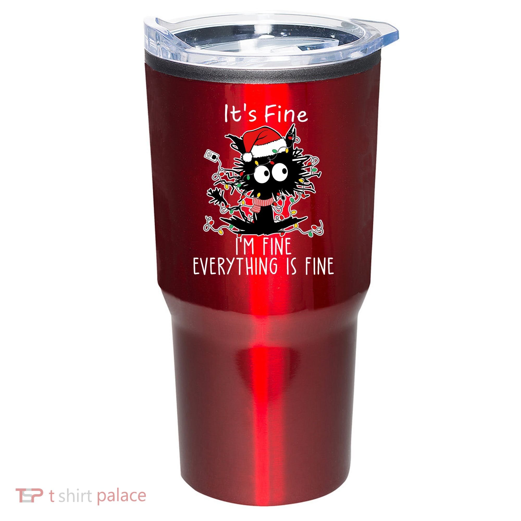 Its Fine Im Fine Everything Is Fine Cat Tangled In Christmas Lights Tumbler