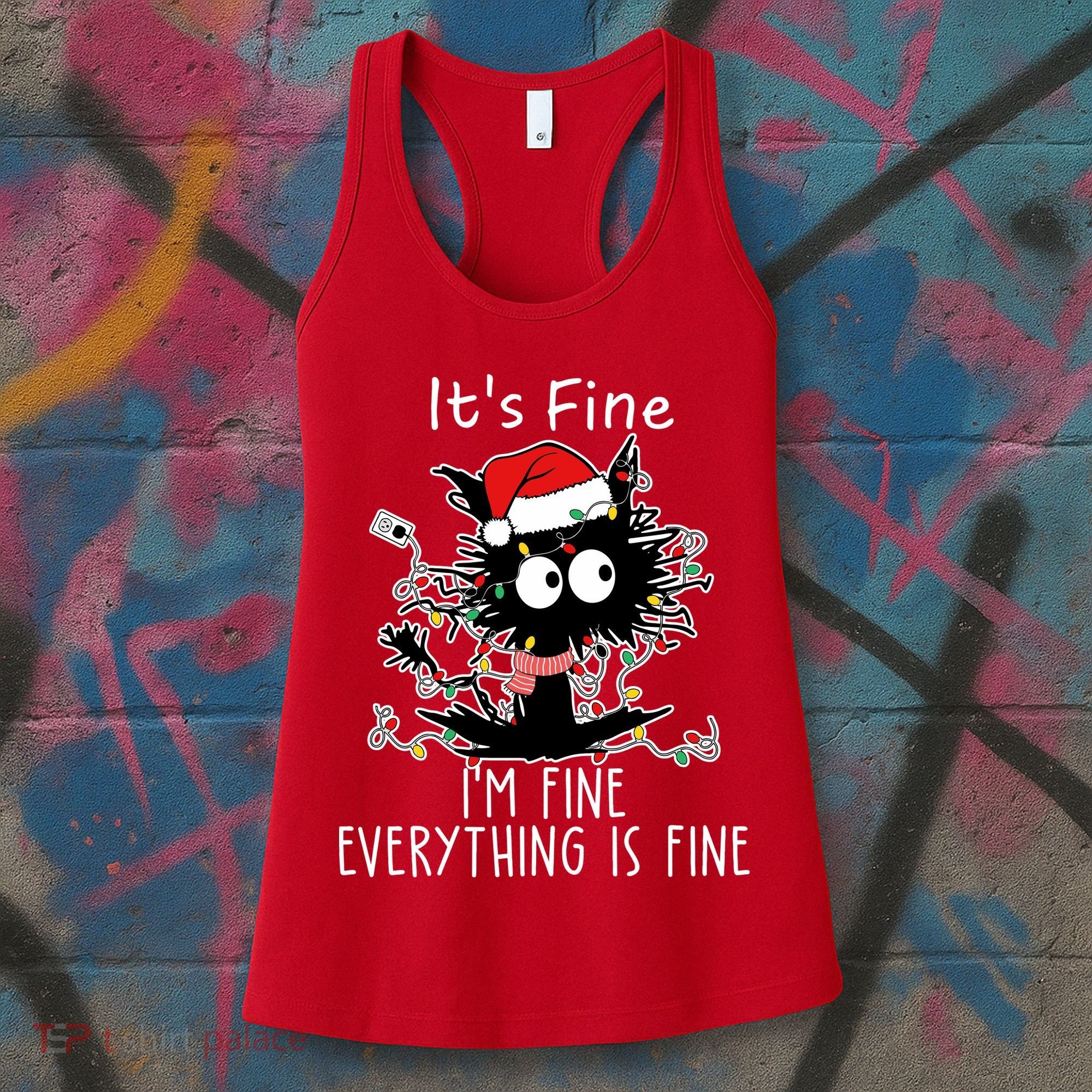 Its Fine Im Fine Everything Is Fine Cat Tangled In Christmas Lights Women's Tank Top