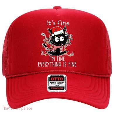 Its Fine Im Fine Everything Is Fine Cat Tangled In Christmas Lights Hat