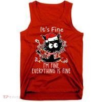 Its Fine Im Fine Everything Is Fine Cat Tangled In Christmas Lights Tank Top thumb 0