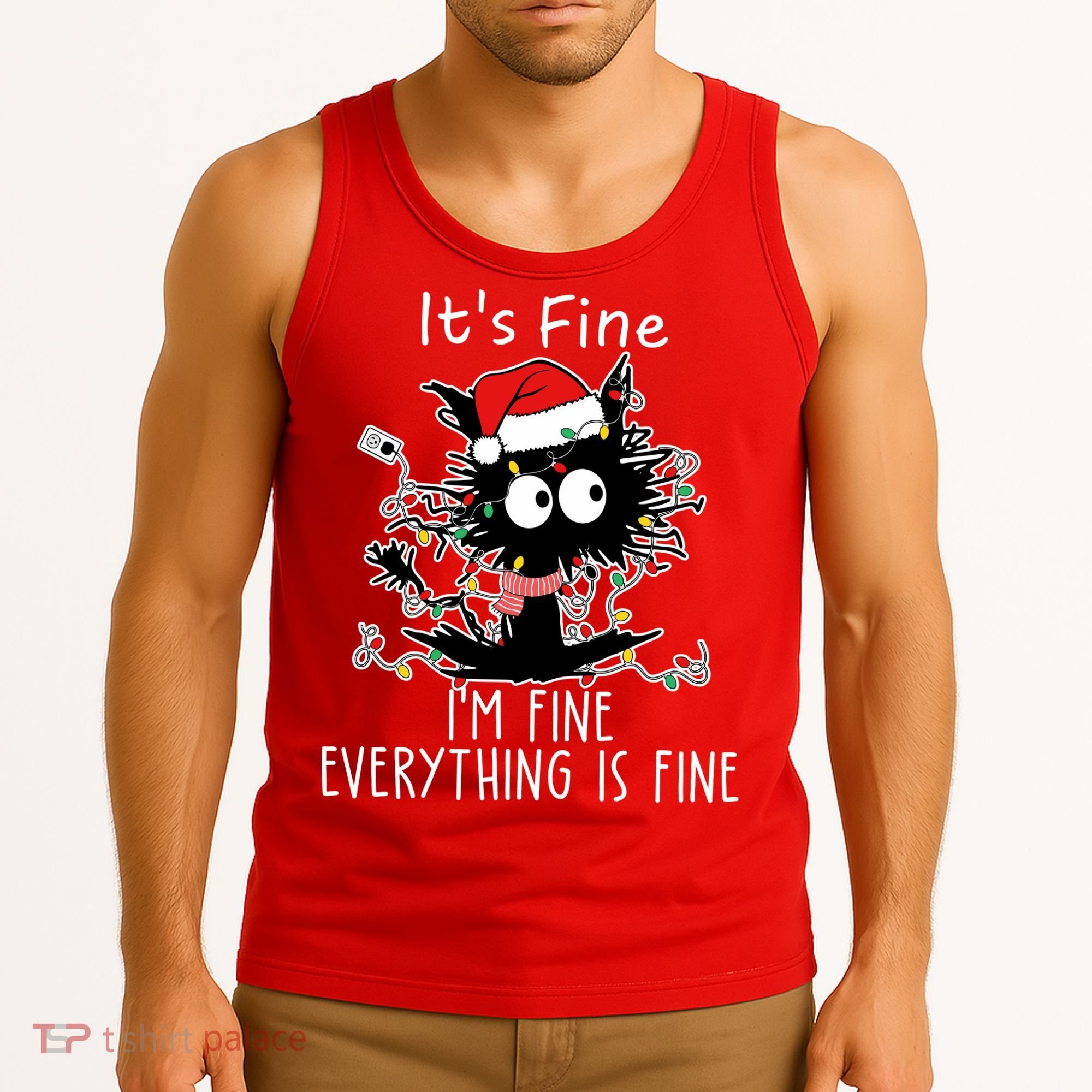 Its Fine Im Fine Everything Is Fine Cat Tangled In Christmas Lights Tank Top