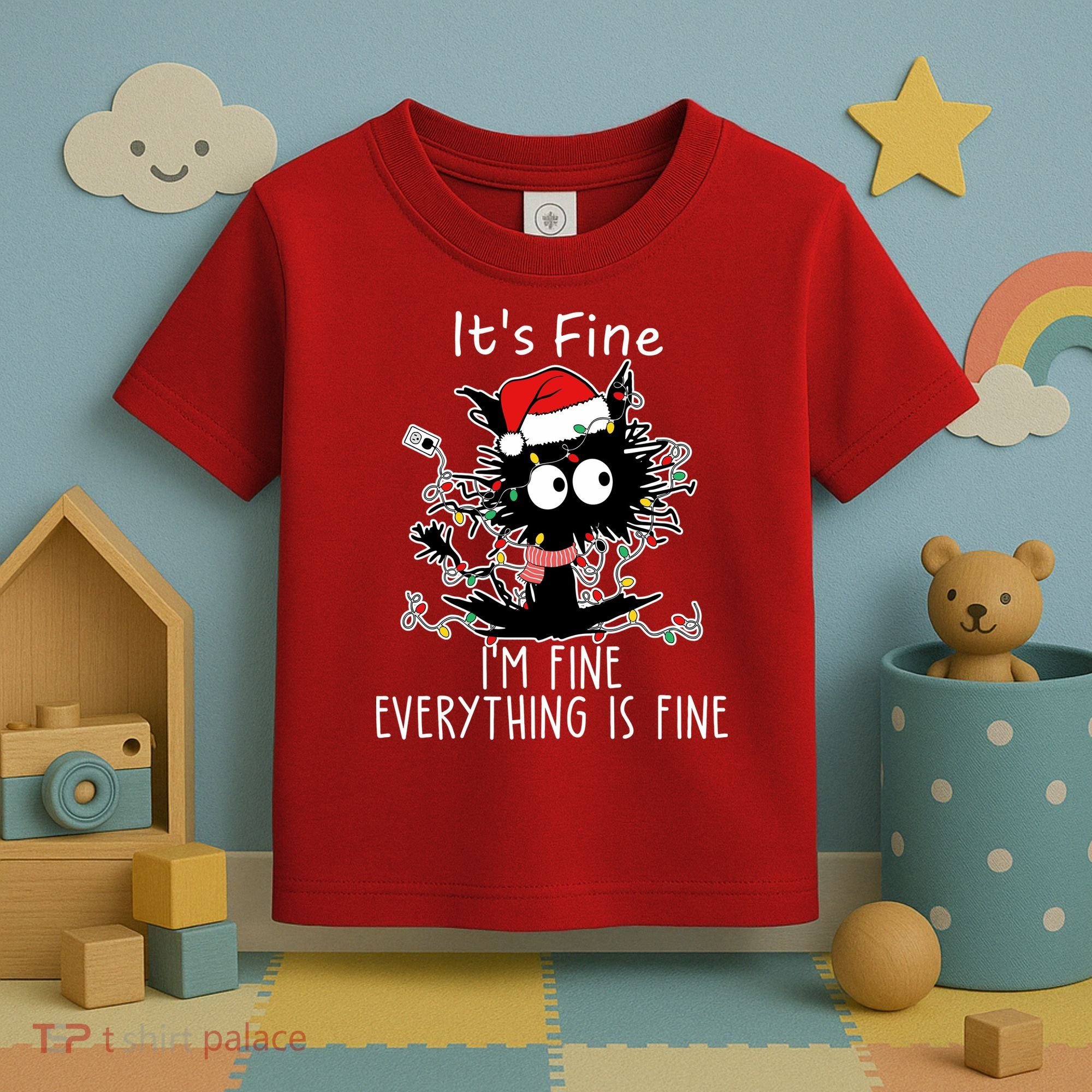 Its Fine Im Fine Everything Is Fine Cat Tangled In Christmas Lights Toddler T-Shirt