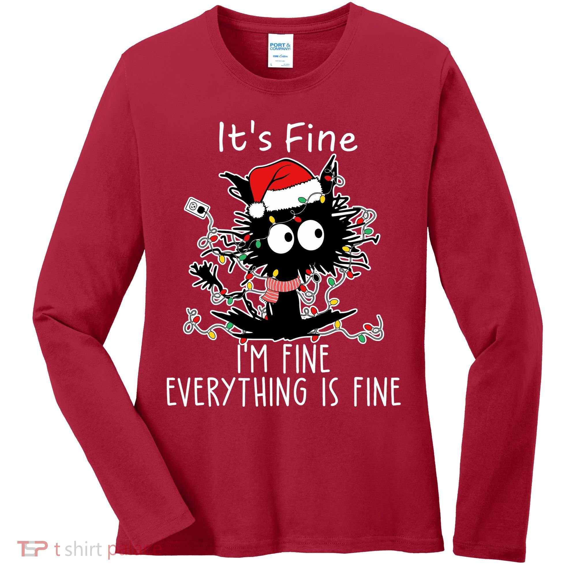 Its Fine Im Fine Everything Is Fine Cat Tangled In Christmas Lights Women's Long Sleeve Shirt
