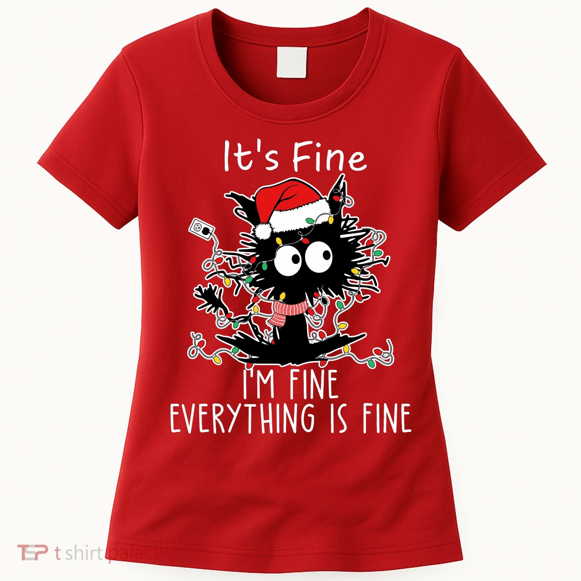 Its Fine Im Fine Everything Is Fine Cat Tangled In Christmas Lights Women's T-Shirt