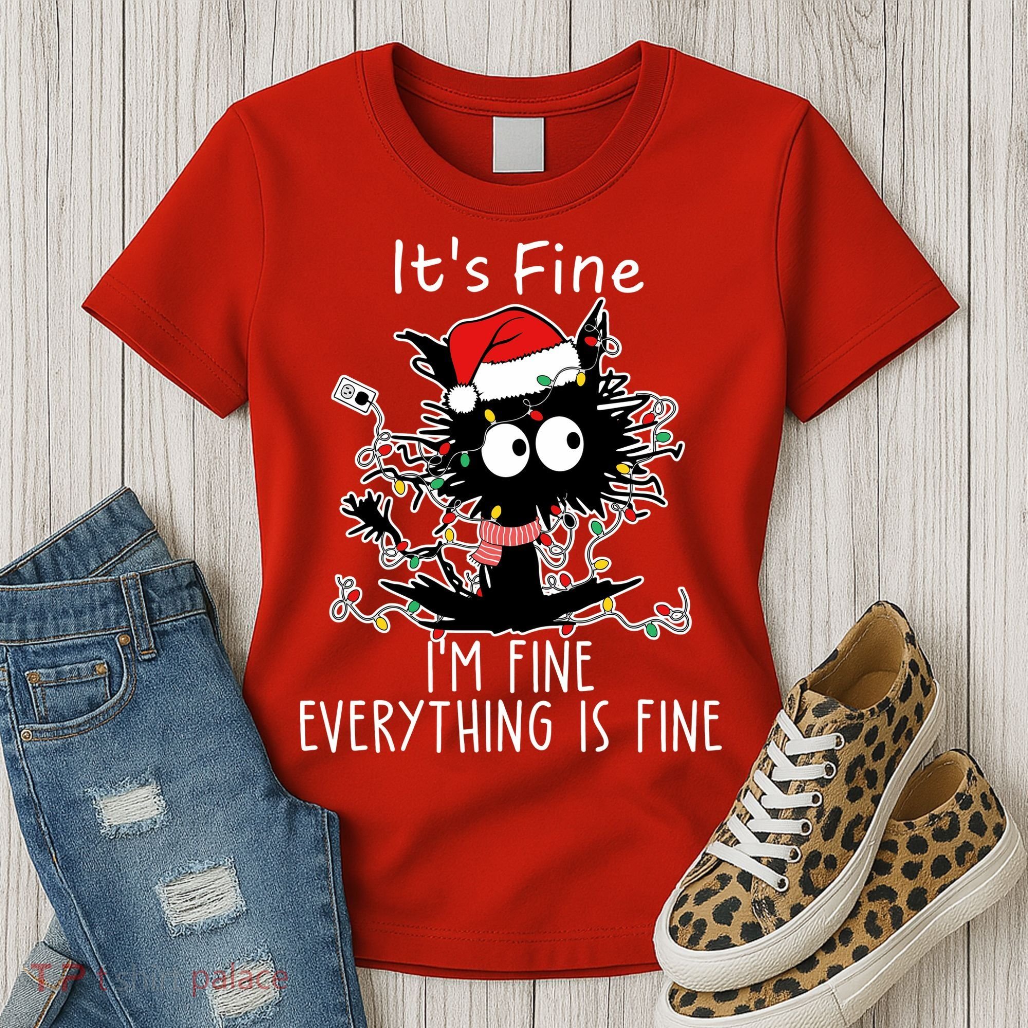 Its Fine Im Fine Everything Is Fine Cat Tangled In Christmas Lights Women's T-Shirt