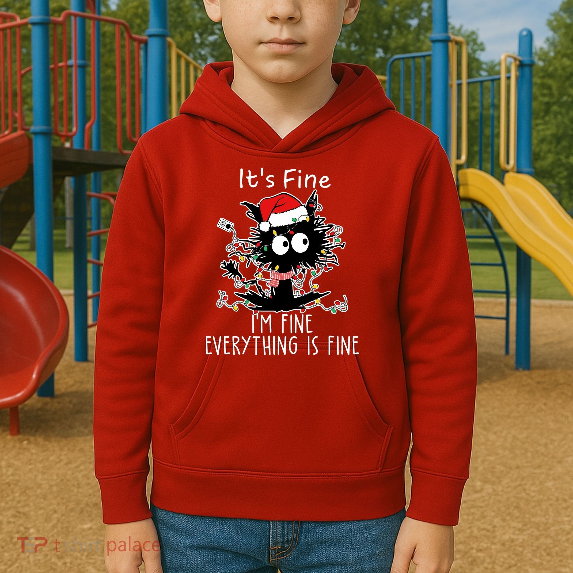 Its Fine Im Fine Everything Is Fine Cat Tangled In Christmas Lights Kids Hoodie