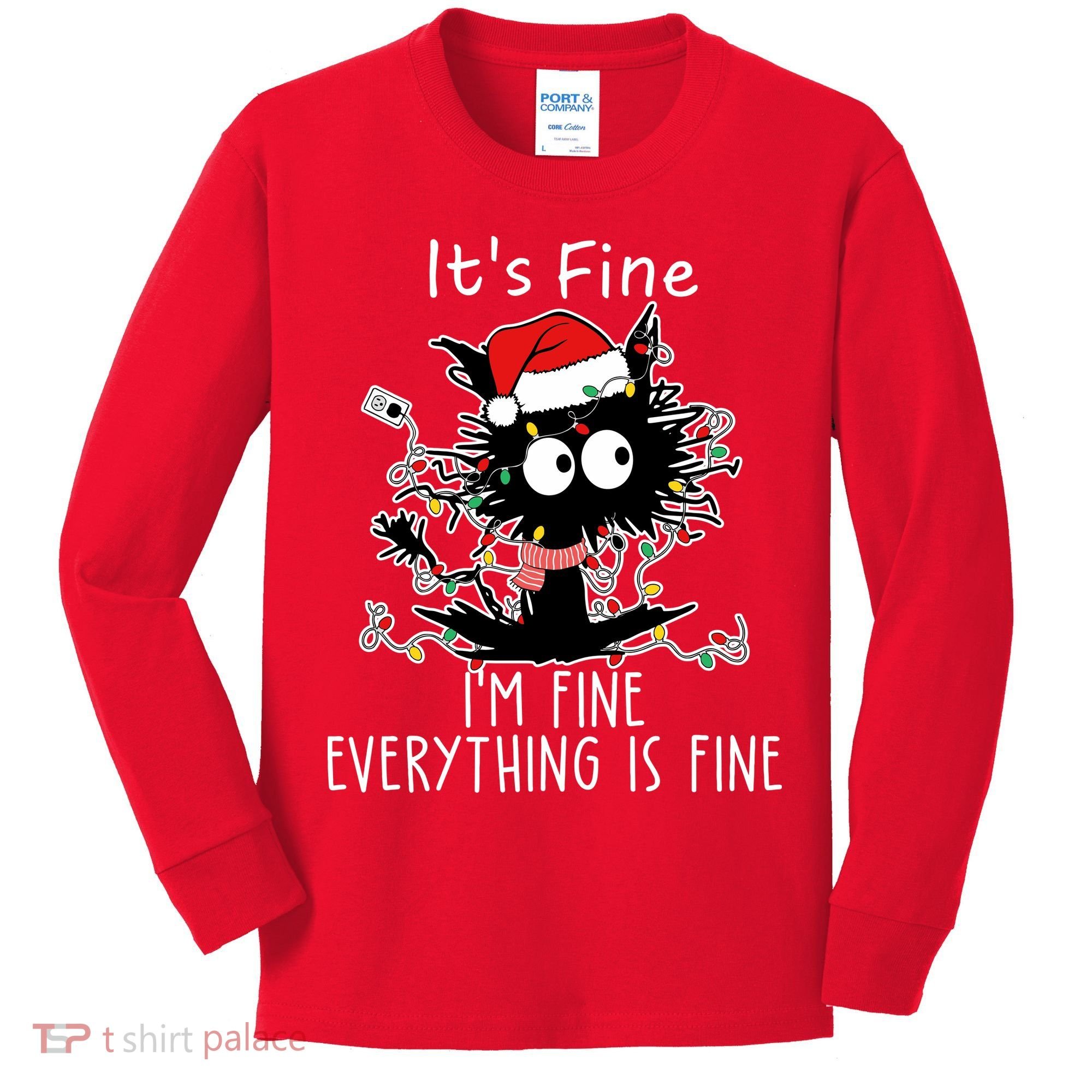 Its Fine Im Fine Everything Is Fine Cat Tangled In Christmas Lights Kids Long Sleeve Shirt