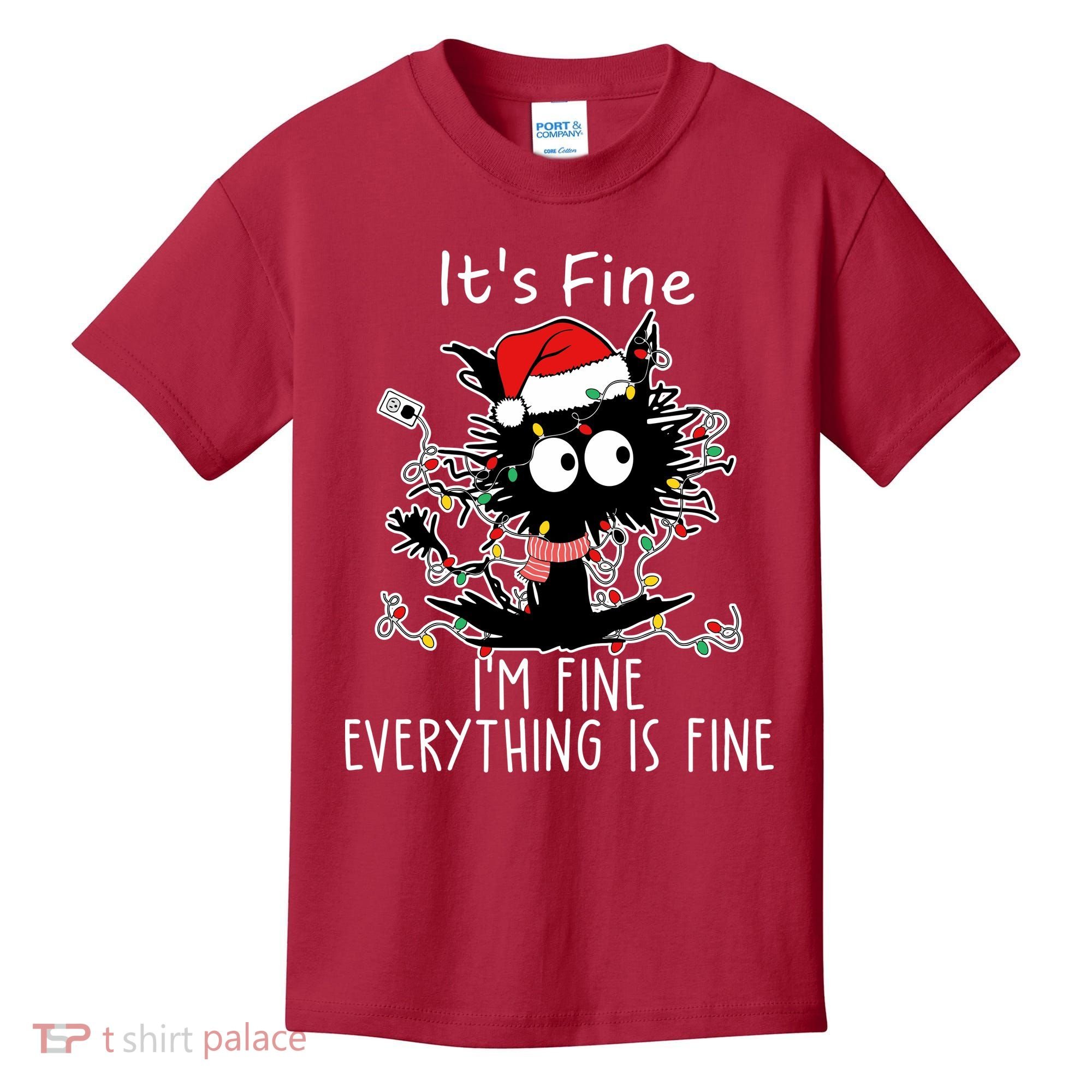 Its Fine Im Fine Everything Is Fine Cat Tangled In Christmas Lights Kids T-Shirt