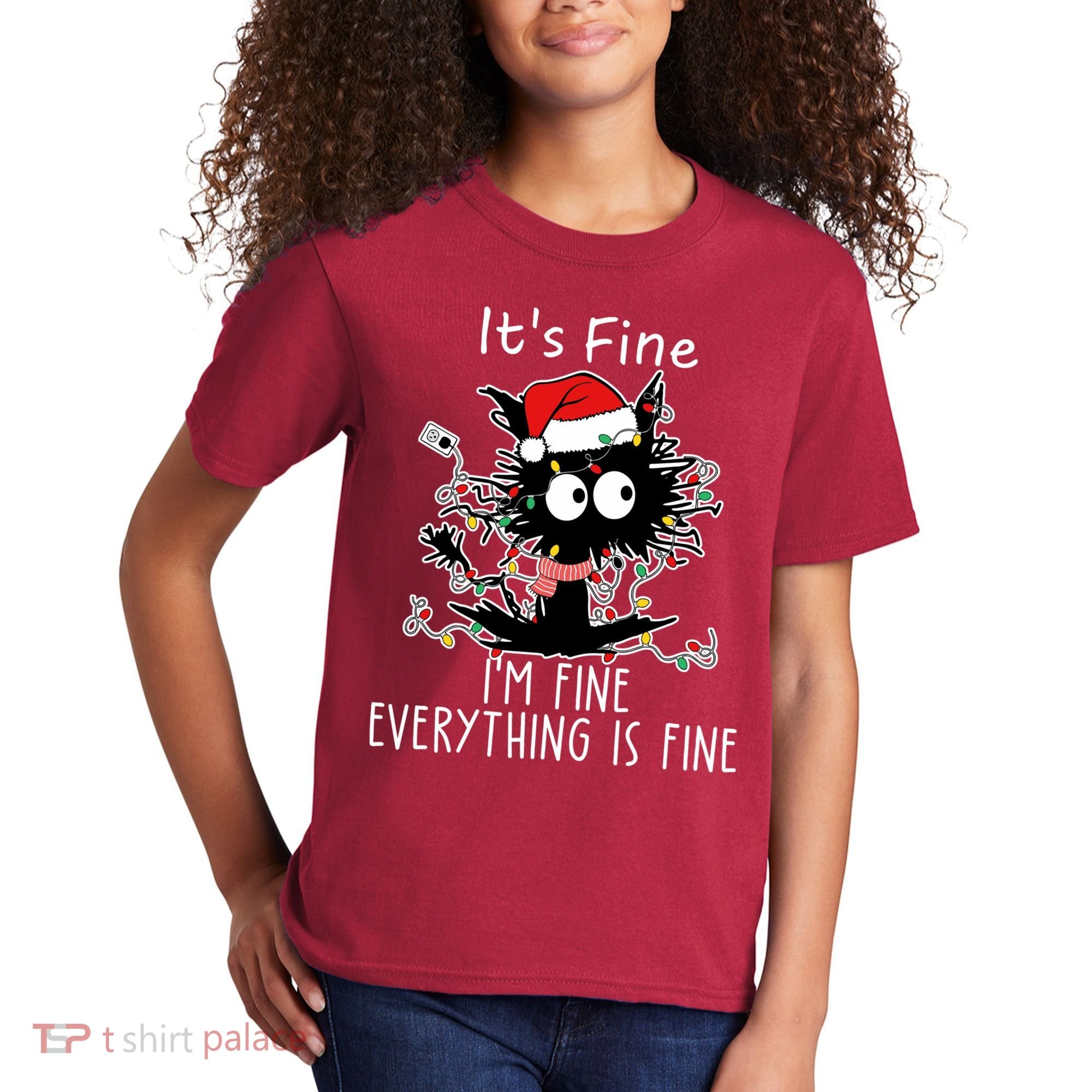 Its Fine Im Fine Everything Is Fine Cat Tangled In Christmas Lights Kids T-Shirt