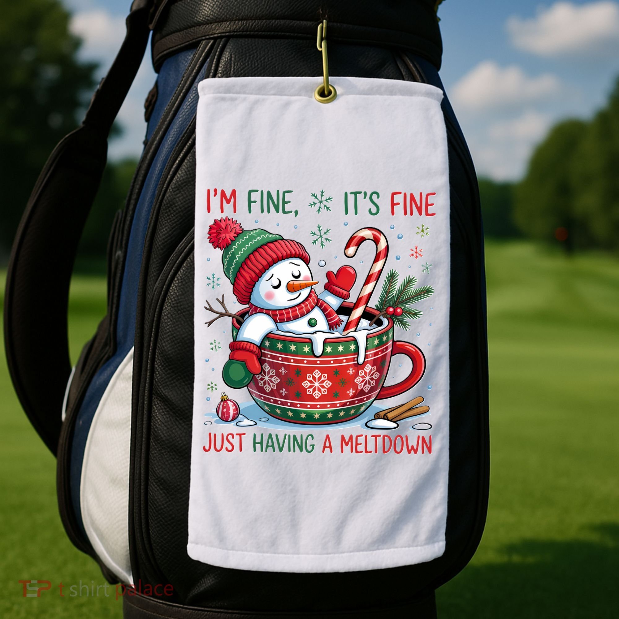 I'm Fine Its Fine Just Having A Meltdown Funny Snowman Christmas Golf Towel