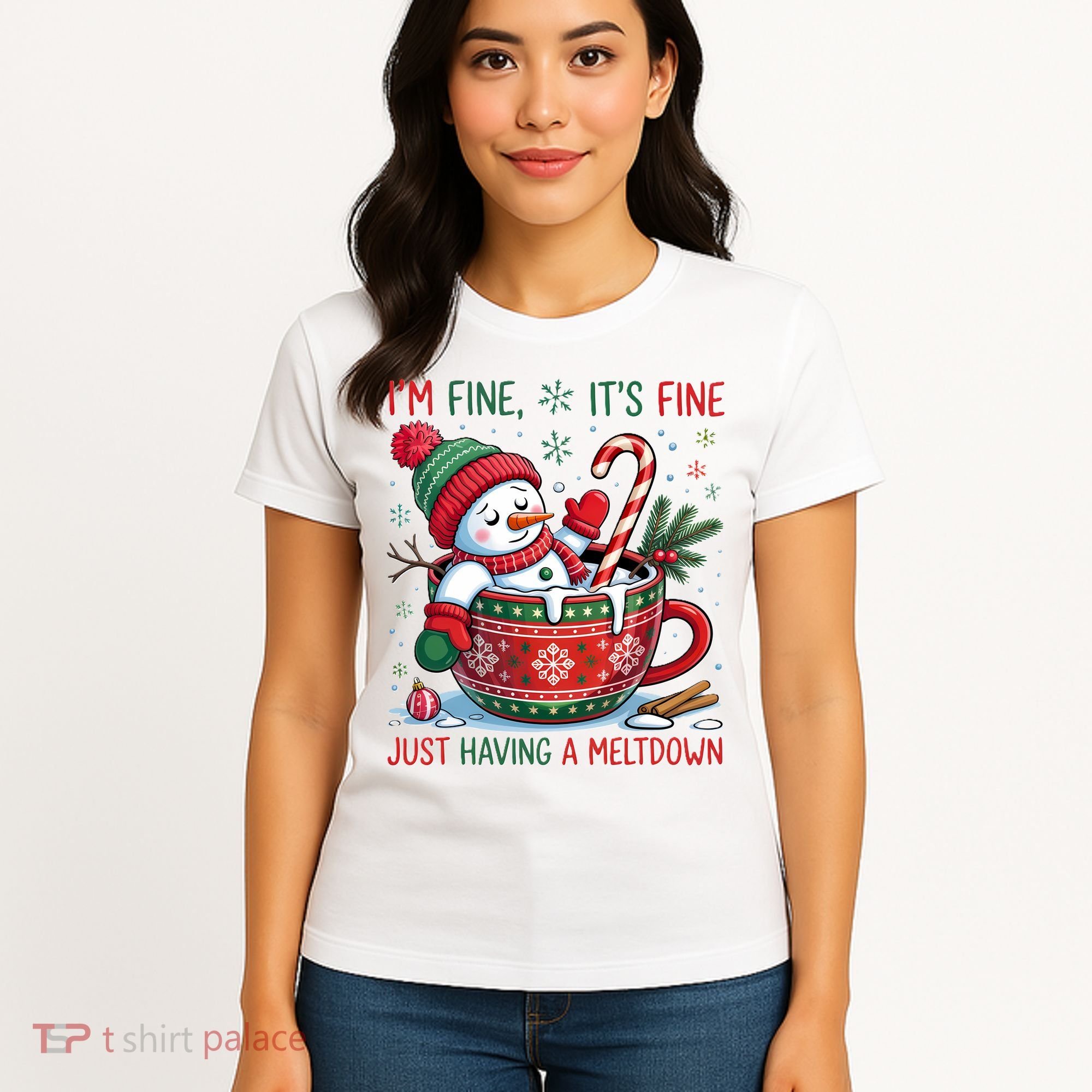 I'm Fine Its Fine Just Having A Meltdown Funny Snowman Christmas Women's T-Shirt
