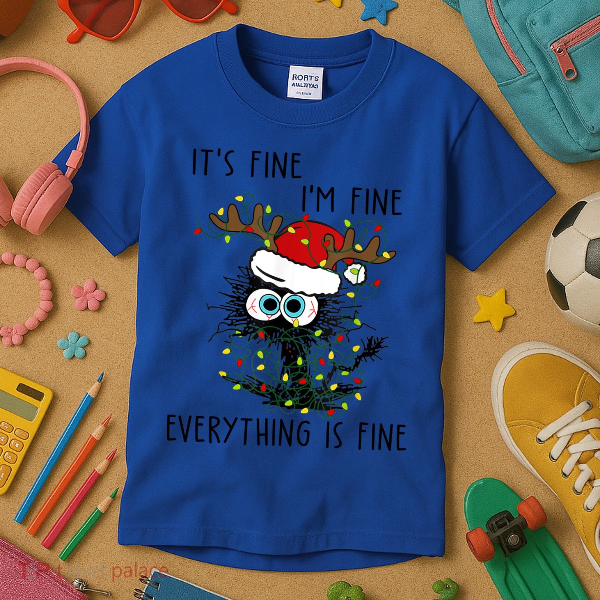 ItS Fine IM Fine Everything Is Fine Christmas Light Cat Meaningful Gift Kids T-Shirt