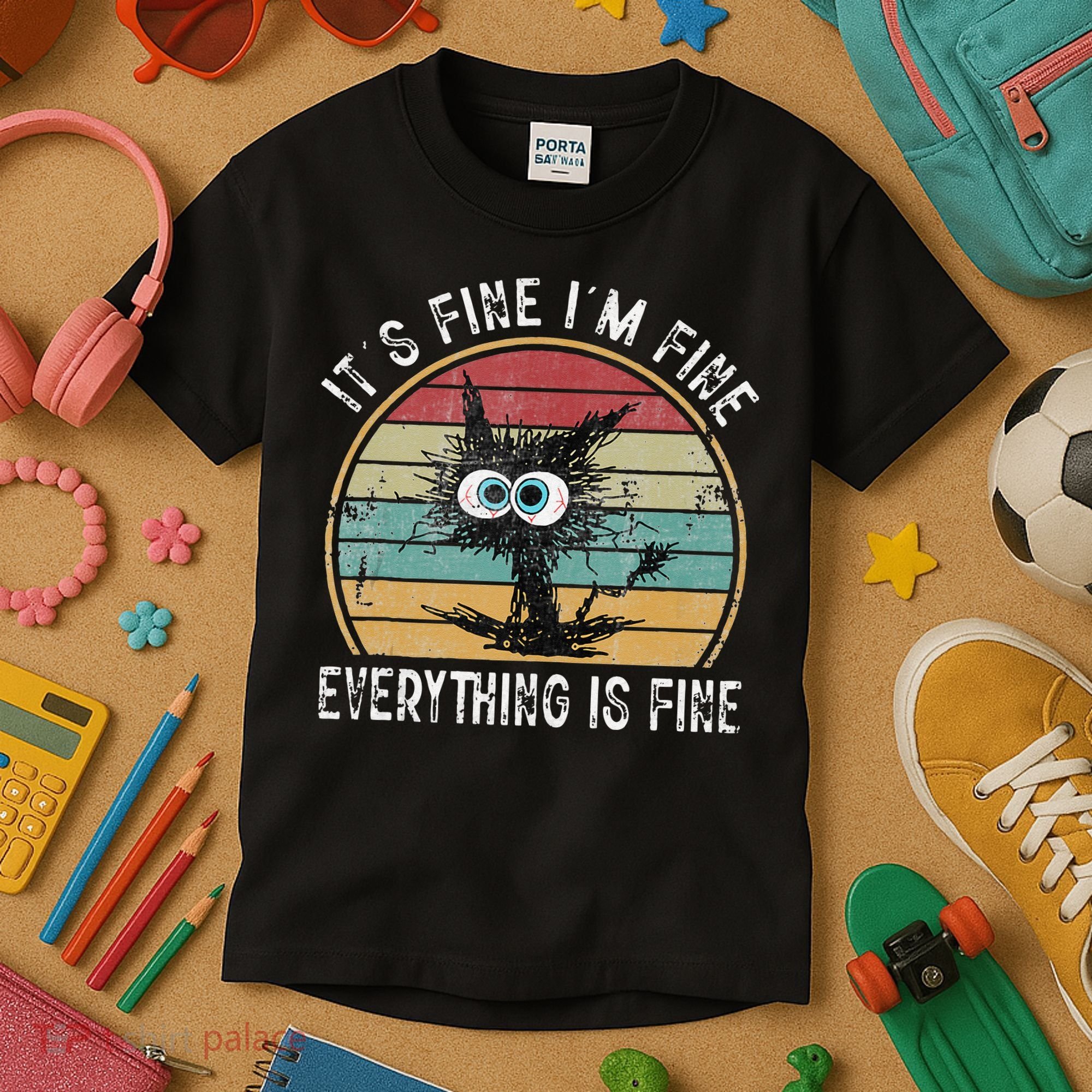 Its Fine Im Fine Everything Is Fine Funny Cat Kids T-Shirt