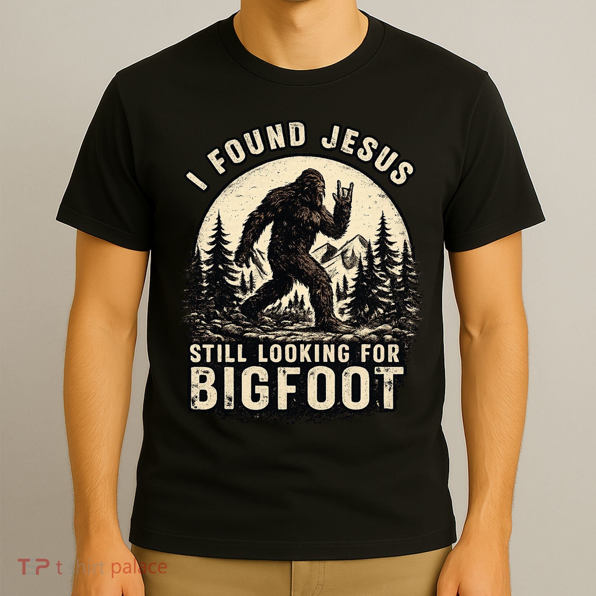 I Found Jesus Still Looking Bigfoot Retro Funny Christian T-Shirt
