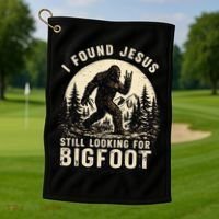 I Found Jesus Still Looking Bigfoot Retro Funny Christian Golf Towel thumb 1