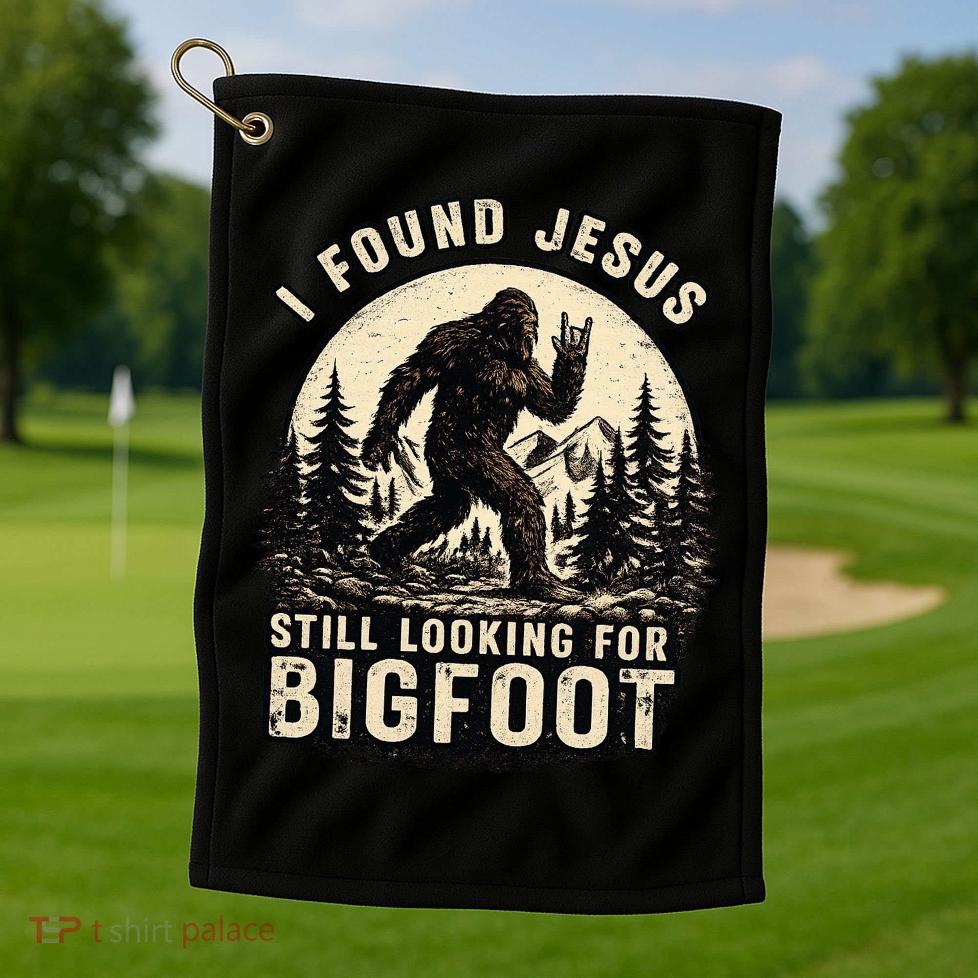 I Found Jesus Still Looking Bigfoot Retro Funny Christian Golf Towel