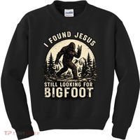 I Found Jesus Still Looking Bigfoot Retro Funny Christian Kids Sweatshirt thumb 0
