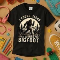 I Found Jesus Still Looking Bigfoot Retro Funny Christian Kids T-Shirt thumb 3