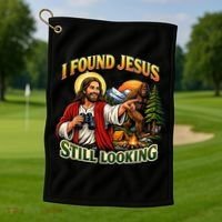 I Found Jesus Still Looking Bigfoot Golf Towel thumb 1