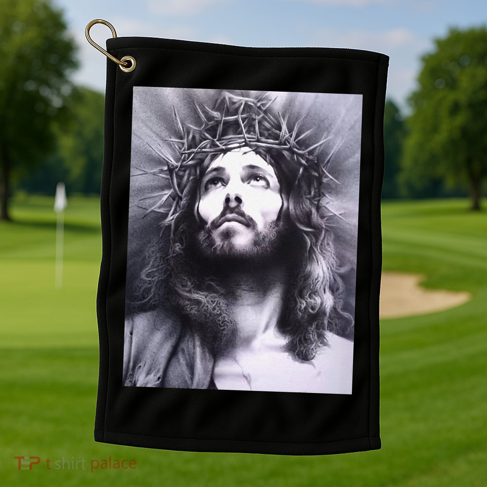 Image Face Of Jesus On A Cross With Crown Of Thorns Golf Towel