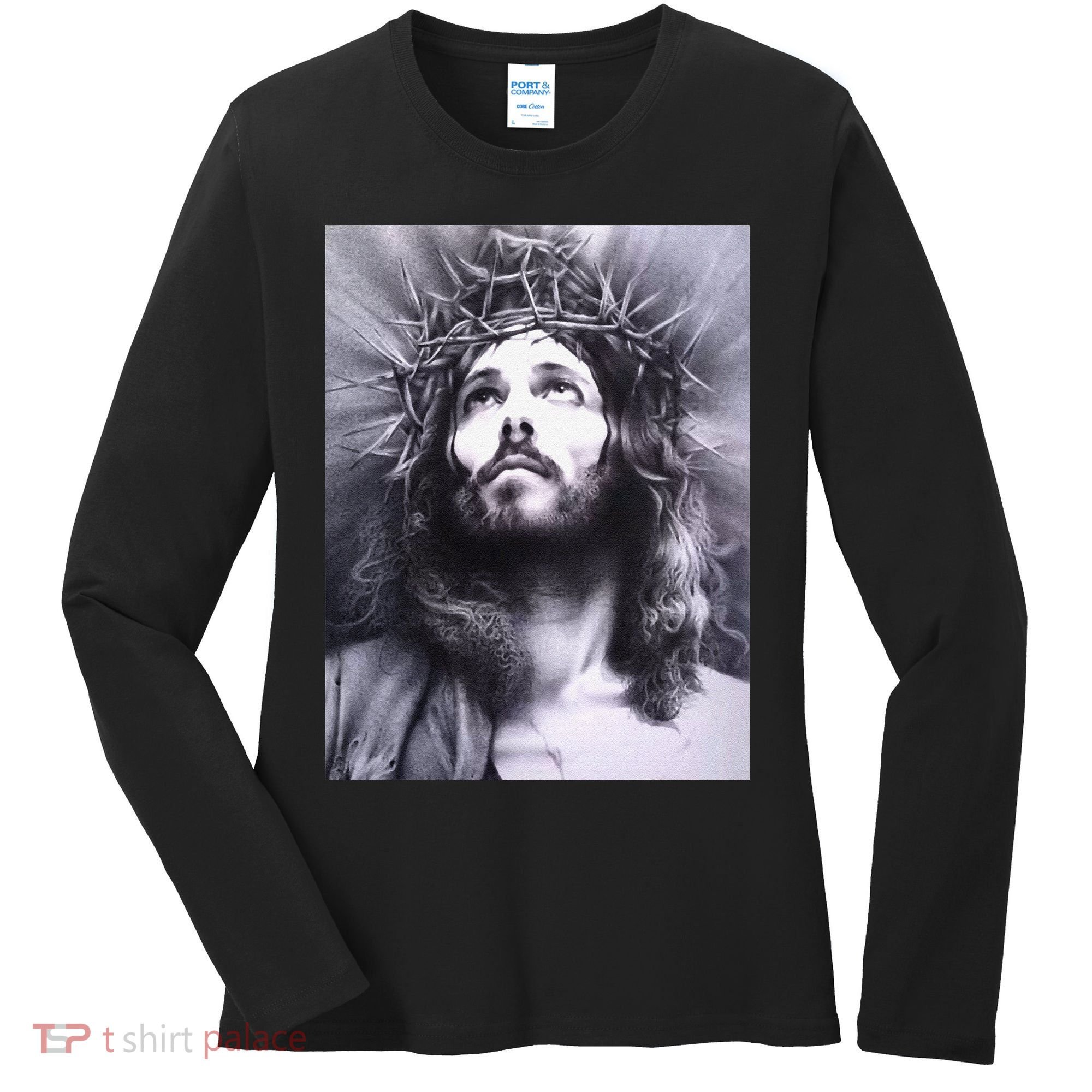 Image Face Of Jesus On A Cross With Crown Of Thorns Women's Long Sleeve Shirt