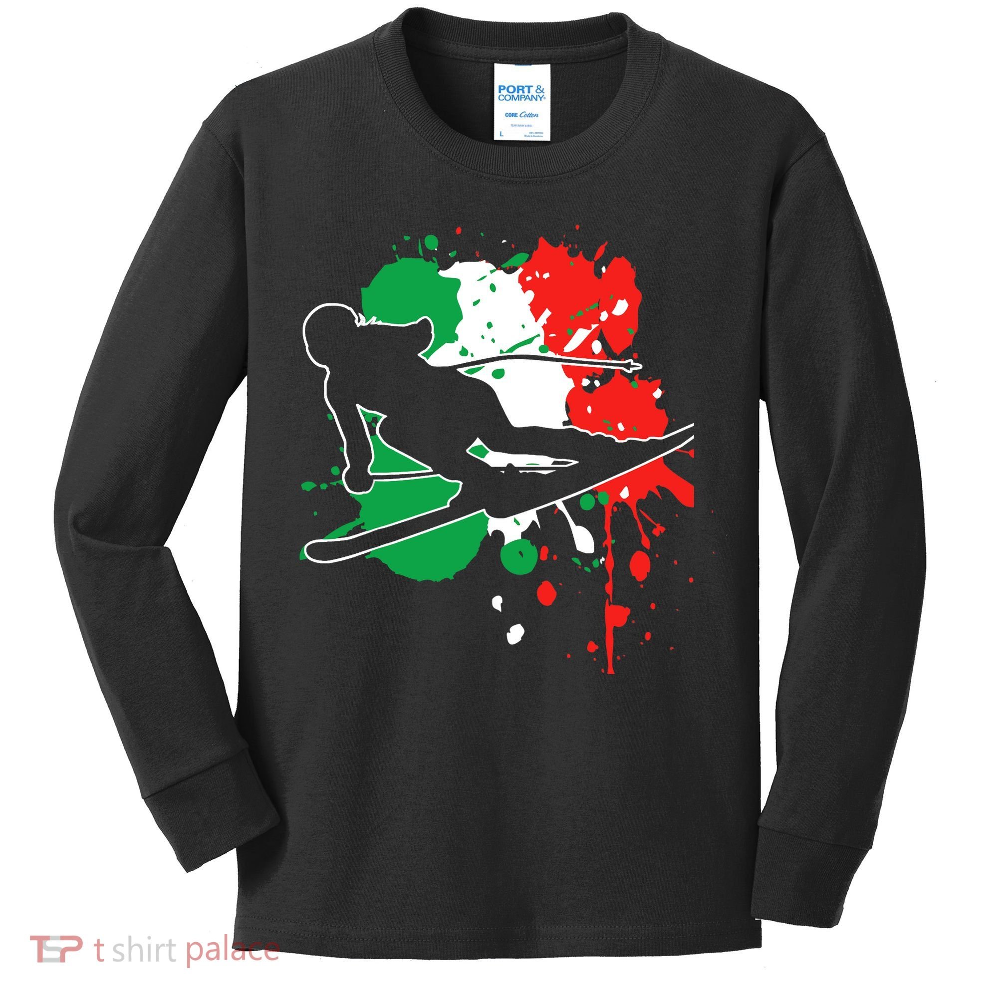 Italy Flag Skier Italian Alpine Skiing Kids Long Sleeve Shirt
