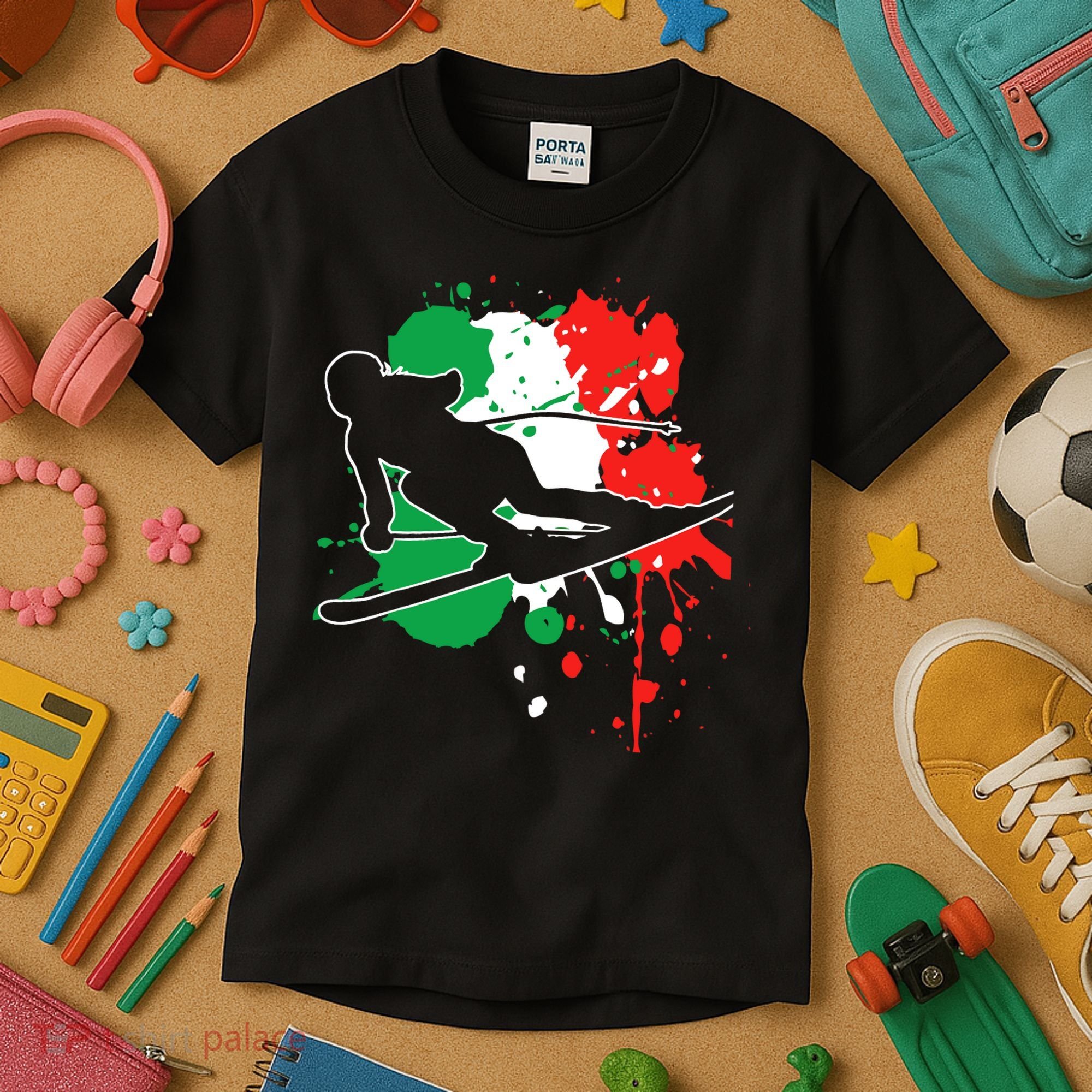 Italy Flag Skier Italian Alpine Skiing Kids T-Shirt