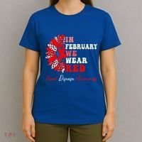 In February We Wear Red Heart Disease Awareness Red Ribbon Meaningful Gift T-Shirt thumb 4