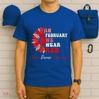 In February We Wear Red Heart Disease Awareness Red Ribbon Meaningful Gift T-Shirt thumb 6