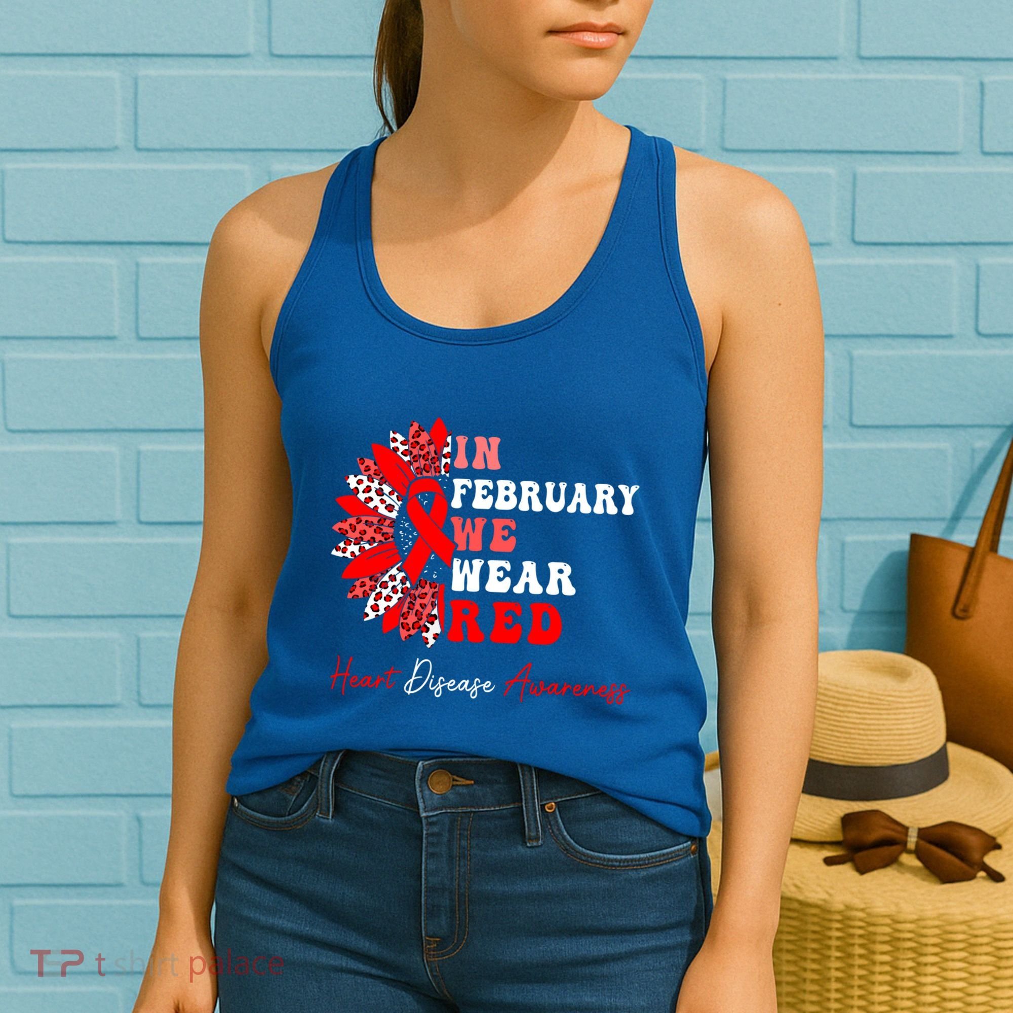 In February We Wear Red Heart Disease Awareness Red Ribbon Meaningful Gift Women's Tank Top